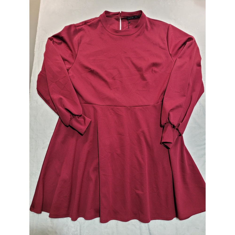 NWT Boohoo Skater Dress Womens 20 Wine High Neck Blouson Skater
